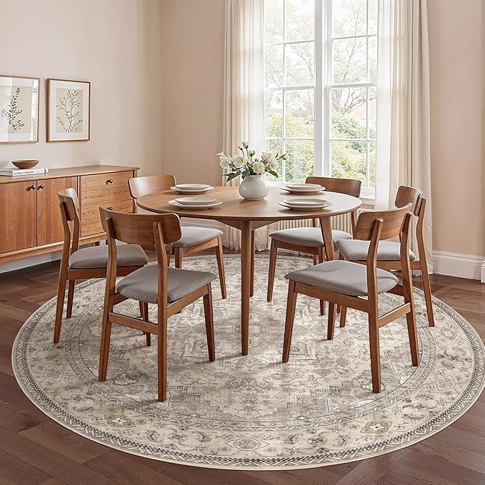 EIEIHOUSE 8ft Round Rugs for Living Room - Washable Neutral Vintage Distressed Farmhouse Large Soft Floor Area Rug Indoor Carpet for Bedroom Dining Room Office - Brown/Multi