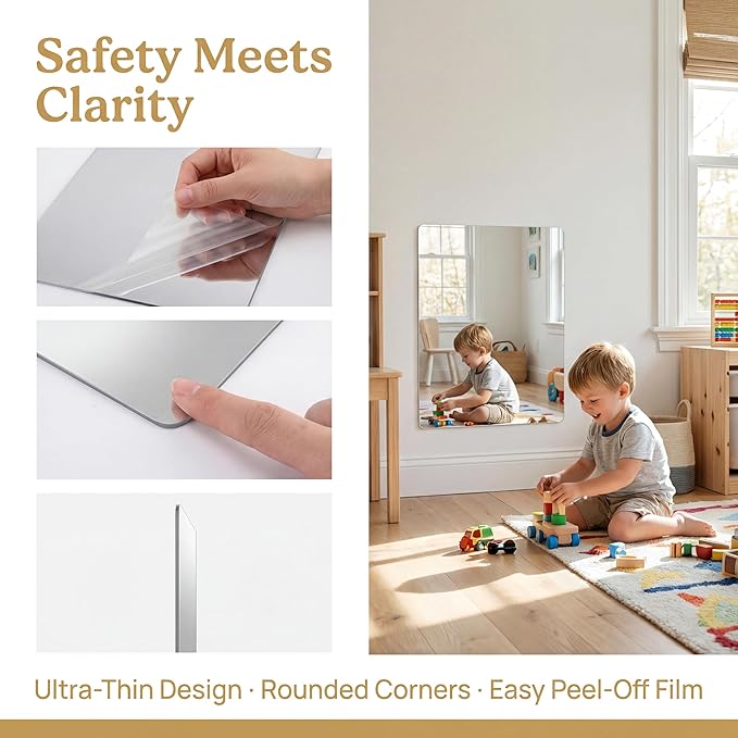 iCAGY Acrylic Mirror for Wall for Kids Adults Bedroom Door Closet Acrylic Shatterproof Self-Adhesive Lightweight Plastic Mirror Tile Sheet, Reflective Safe Plexiglass - Silver 8x12 inch 4 Pcs