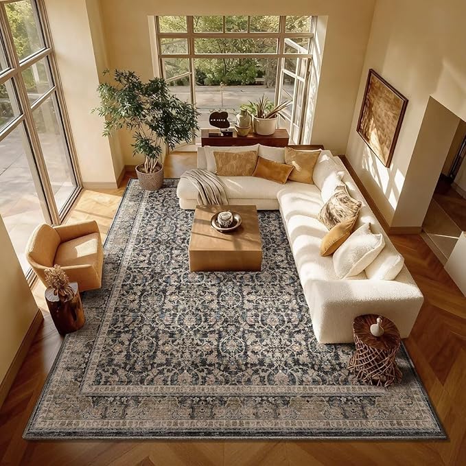 Washable 8x10 Area Rugs for Living Room, Boho Non-Slip Vintage Distress Large Rugs for Bedroom Dining Room Nursery Office, 0.3" Neutral Oriental Throw Thin Carpet, Black/Blue/Multi,A1