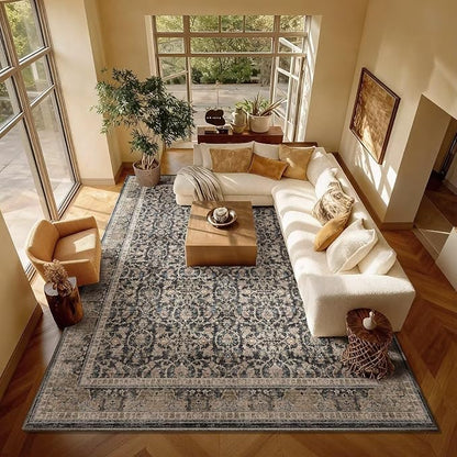 Washable 8x10 Area Rugs for Living Room, Boho Non-Slip Vintage Distress Large Rugs for Bedroom Dining Room Nursery Office, 0.3" Neutral Oriental Throw Thin Carpet, Black/Blue/Multi,A1