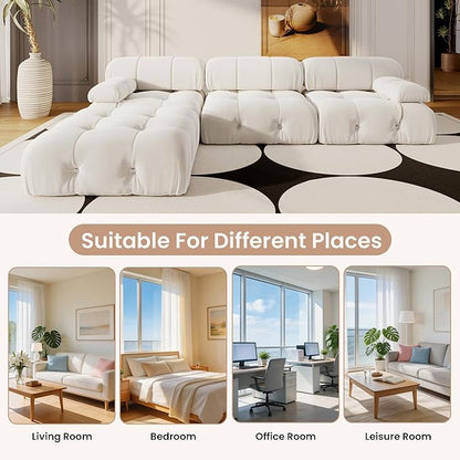 104'' Modular Sectional Couch, L-Shaped Velvet Bubble Couch with Reversible Chaise Ottoman, Modern Cloud Sectional Couches for Living Room, Apartment (3 Seats, 1 Ottoman, Beige)