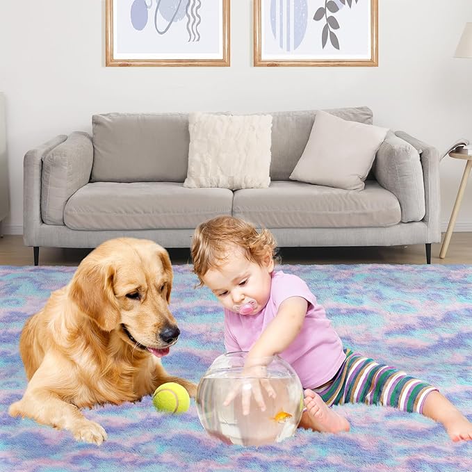 Puremy Rainbow Rug for Girls Room, 3x5 Fluffy Area Rugs for Bedroom, Colorful Kids Rug Cute Anti-Skid Indoor Carpet for Nursery, Living Room, Playroom, Home Decor
