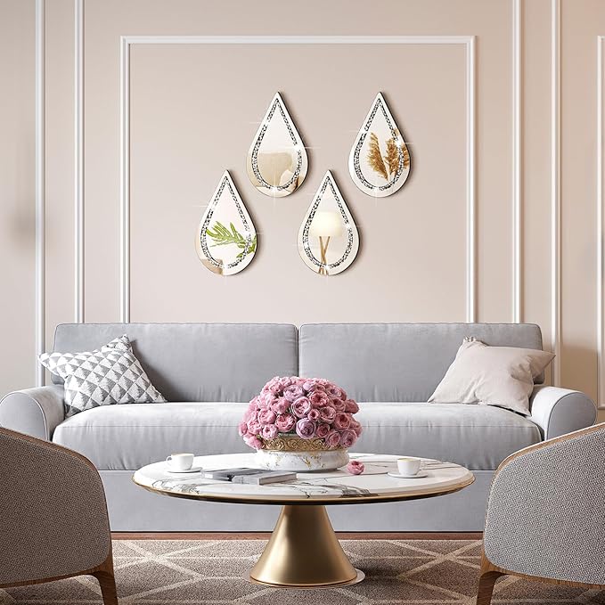 Yookeer 4 Pcs Silver Mirror Wall Decor Tear Drop Diamond Mirrors 11.8 x 6.7 Inches for Living Room Bedroom Bathroom Wall Decoration