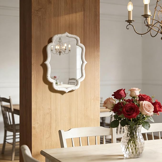 Vintage Small Scalloped Wall Mirror Decorative 16" x 12", Hanging Rustic Distressed White Bathroom Mirrors for Vanity, Farmhouse Wood Quatrefoil Wall Mounted Mirror for Living Room