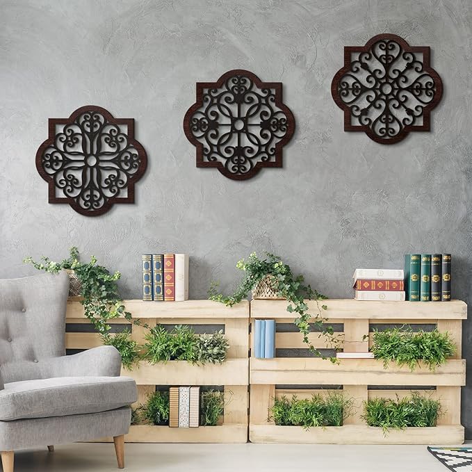 Zhanmai 3 Pieces Thicken Rustic Wood Wall Decor Farmhouse Geometric Wall Art Farmhouse Hanging Decoration for Living Room Bedroom Home Indoor Outdoor Office, 12 x 12 Inch, Brown