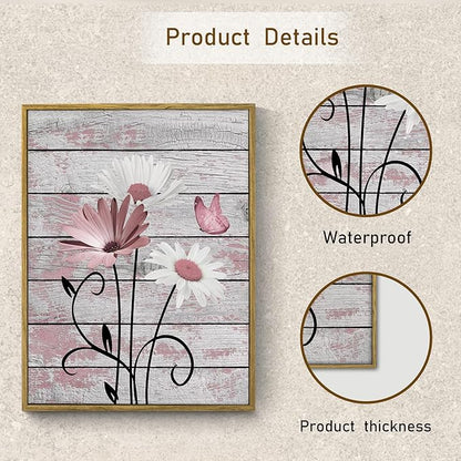 HVEST Farmhouse Floral Pink Wall Art for Bathroom, Rustic Daisy Butterfly on Grey Wood Canvas Wall Art Nature Flower Pictures for Bedroom Living Room Office Wall Decor Framed Artwork, 17L X 12W inches