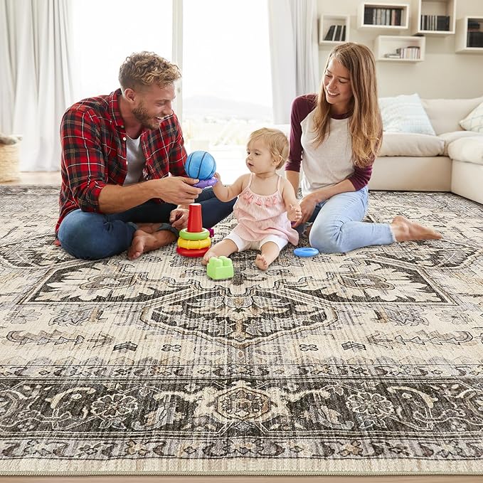 Area Rug 5x7 for Living Room - Washable Oriental Vintage Floral Distressed Large Indoor Carpets with Non Slip Back for Bedroom Dining Room Nursery Office Home Decor - Grey Brown