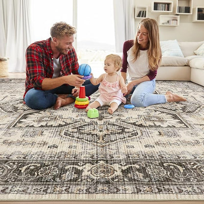 Area Rug 5x7 for Living Room - Washable Oriental Vintage Floral Distressed Large Indoor Carpets with Non Slip Back for Bedroom Dining Room Nursery Office Home Decor - Grey Brown