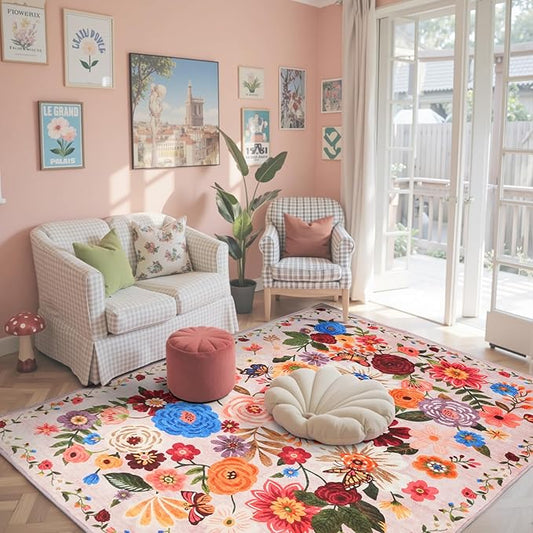 Pink Area Rug 4x6 Washable Boho Rugs Non Slip Low Pile Floral Small Carpet for Bedroom, Bedside, Kids Room, Office, Dining Room (Light Pink)