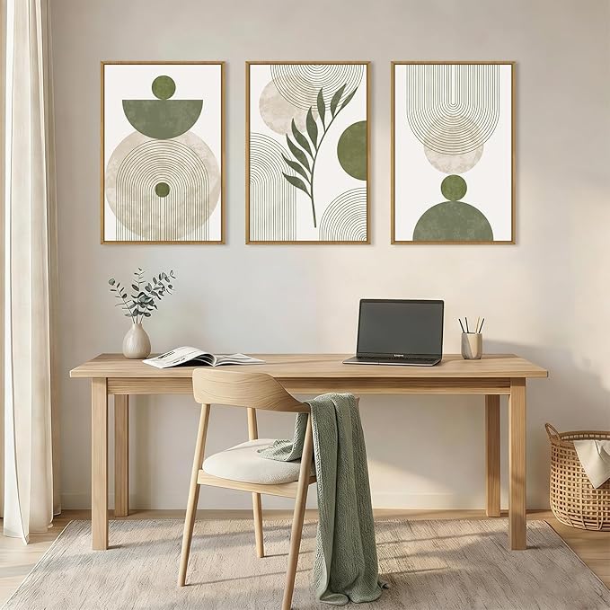 DRACIT Large Sage Green Boho Framed Canvas Wall Art Set,Abstract Modern Beige Green Arch Wall Decor,Minimalist Leaf Lines Artwork for Living Room,Bedroom,Office-16 x24 x3