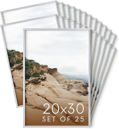 HAUS AND HUES 20x30 Silver Metal Picture Frames - Features Premium Aluminum, Vertical & Horizontal Hang, Shatterproof Plexiglass - Perfect for Home, Room, Office (20x30 in, Silver, Set of 25)