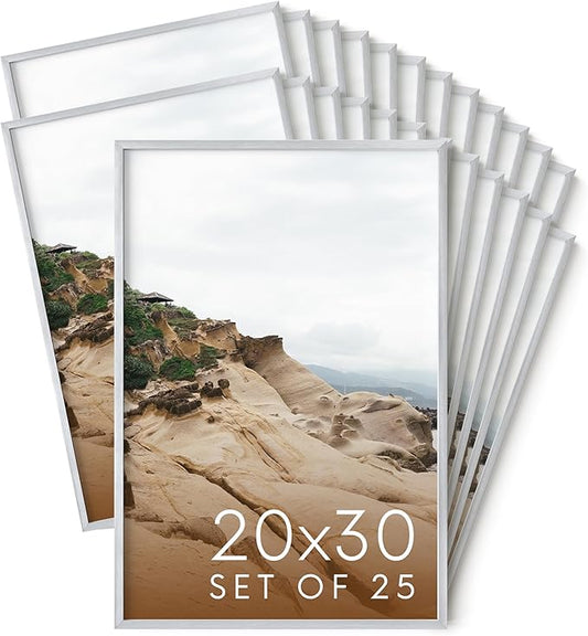 HAUS AND HUES 20x30 Silver Metal Picture Frames - Features Premium Aluminum, Vertical & Horizontal Hang, Shatterproof Plexiglass - Perfect for Home, Room, Office (20x30 in, Silver, Set of 25)