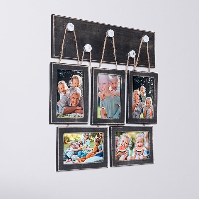 4x6 Picture Frames Collage for Wall Set of 5, Rustic Farmhouse Distressed Solid Wood Photo Frames, Black Vintage Wooden Frames for Wall & Tabletop Display, Gallery Wall Decor for Living Room Bedroom