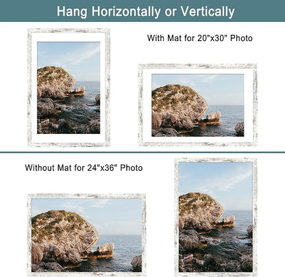 iRahmen 24x36 Poster Frame Set of 2 with Plexiglass, Distressed White Wood Frames Display 20x30 Picture with Mat or 24 x 36 Without Mat, Photo Gallery Wall Mounting Horizontal and Vertical
