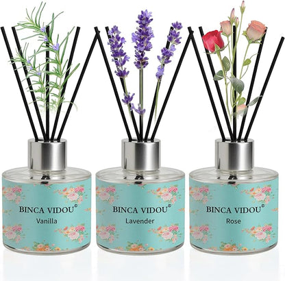Reed Diffuser Set of 3, Lavender, Rose, Vanilla Aromatherapy Oil Diffusers for Bedroom, Living Room, Office, Gift & Stress Relief, 50ml x 3