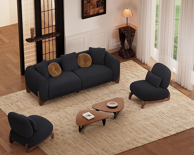 Morden Fort 3 Piece Cloud Couch Set, Modern Sherpa Boucle Sofa Set with Wood Legs, Skin-Friendly Minimalist Upholstered Comfy Couch Sofas for Living Room, 3-Seater Sofa & 2 Chairs, Black