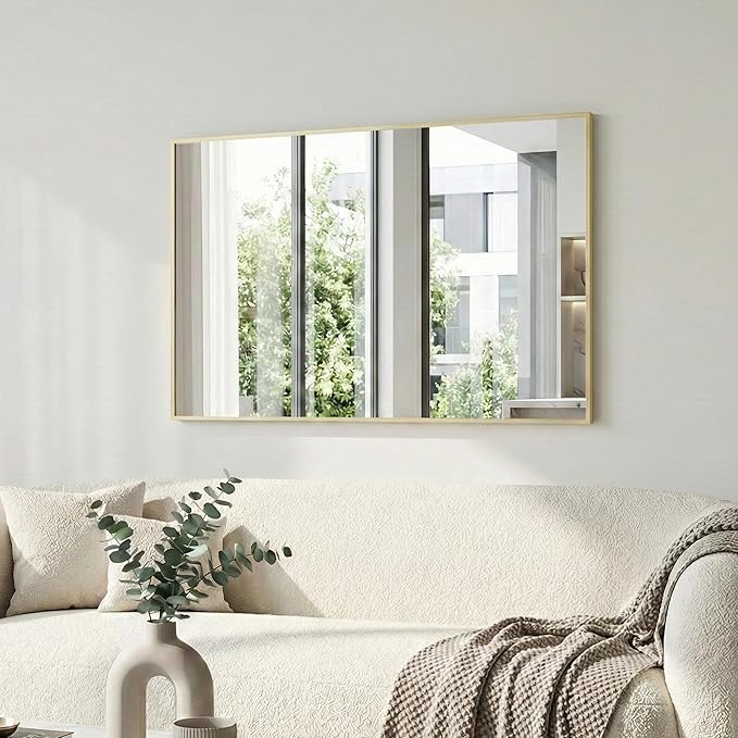 24" x 36" Gold Wall Mirror for Bathroom, 36" x 24" Metal Framed Accent Mirror, Vintage Modern Rectangular Decor for Entryway, Anti-Rust