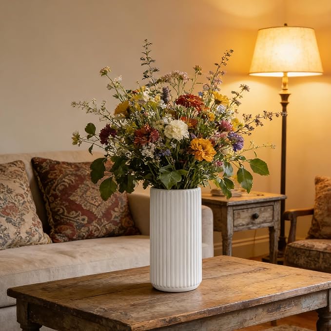 White Ceramic Flower Vase for Pampas Grass, 8 inch Small Decorative Centerpiece Ribbed Vase for Dining Table, Office Desktop, Shelf Bookshelf, Mantel, Entryway, Bathroom, Countertop, Farmhouse, Gift