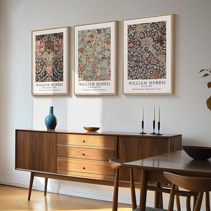 Framed William Morris Canvas Wall Art Set of 3, Vintage Boho Floral Paintings Prints, Rustic Farmhouse Botanical Artwork for Living Room, Bedroom, Hallway or Office, 16x24 Inch