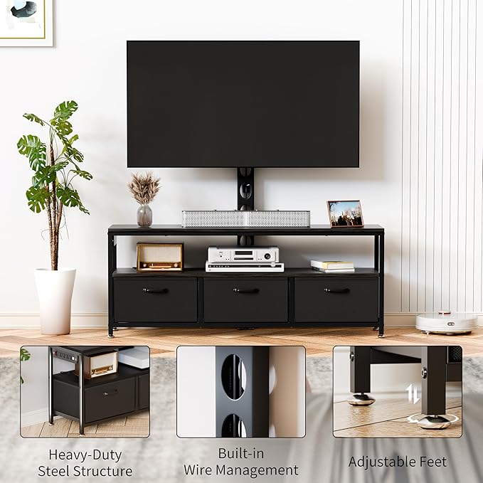 JUSTOGO TV Stand with Mount and Power Outlet, TV Stand Mount with Storage for Living Room, Entertainment Center with LED Lights for 45 55 60 65 inch, Height Adjustable Media Console, Black