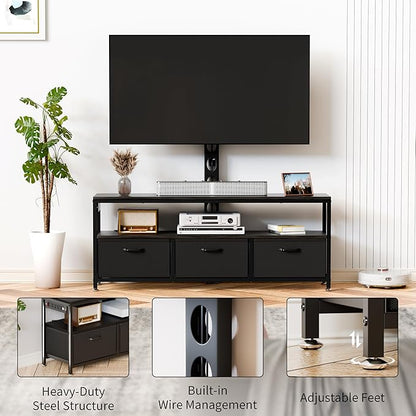 JUSTOGO TV Stand with Mount and Power Outlet, TV Stand Mount with Storage for Living Room, Entertainment Center with LED Lights for 45 55 60 65 inch, Height Adjustable Media Console, Black