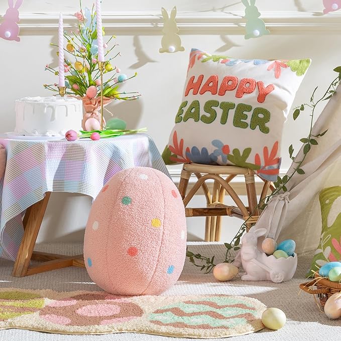 Ashler Egg Shaped Throw Pillow, Spring Home Decor, Teddy Fabric Decorative Cushion with Colorful Polka Dots Embroidery, Soft Pillow for Bedroom Living Room Couch, 14x11 in