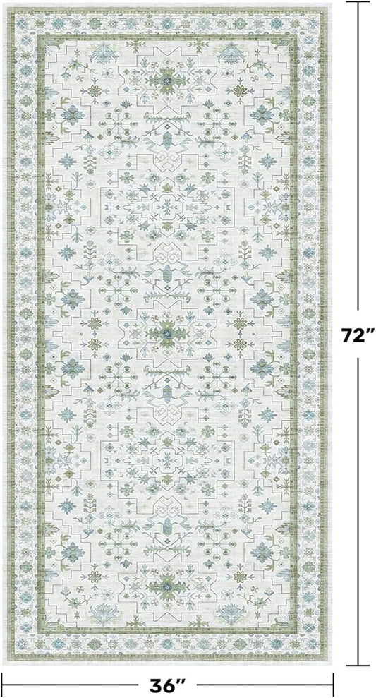 Hazo Haus Blue and Green Washable Rugs 3x6 - Vintage Boho Floral Pastel Cream, Washable Low Pile Non Slip Small Throw Accent Area Rug for Entry Way, Laudry Room, Kitchen, Bedroom Beside Bed Decor