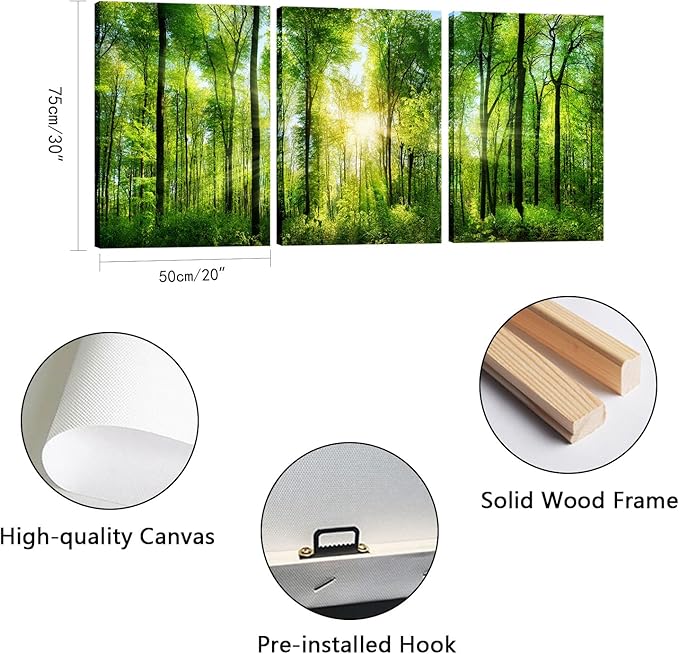 HLJ ART Forest Wall Art: 3 Panel Green Tree Pictures Canvas Wall Art, 20x30 Inch, Sunrise Prints Scenery Wall Art Hanging Wall Mural Nature Art Wall Decor for Bedroom, Living Room, Office