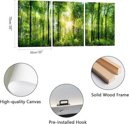 HLJ ART Forest Wall Art: 3 Panel Green Tree Pictures Canvas Wall Art, 20x30 Inch, Sunrise Prints Scenery Wall Art Hanging Wall Mural Nature Art Wall Decor for Bedroom, Living Room, Office