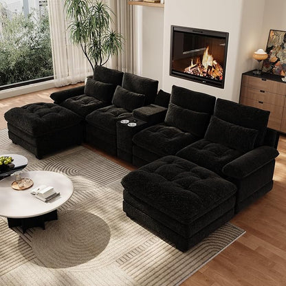 134"U Shaped Sectional Couches for Living Room, Oversized Modular Sectional Fluffy Couch with 2 Ottoman & Storage Console,Modern 6 Seat Living Room Sofa with Glitter Fabric,Tufted Buttons, Black