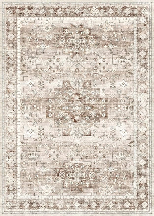 Washable Farmhouse Living Room Rug, 10x14 Area Rugs for Bedroom, Dining Room Under Table Carpet, Kids Room, Extra Large Boho Vintage Non-Slip Rugs Low Pile Stain Resistant (10x14 Beige/Latte)