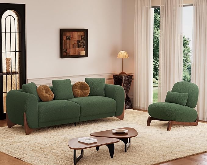 Morden Fort 2 Piece Cloud Couch Set, Modern Sherpa Boucle Sofa Set with Wood Legs, Skin-Friendly Minimalist Upholstered Comfy Couch Sofas for Living Room, 3-Seater Sofa & Tilt Back Chair, Green
