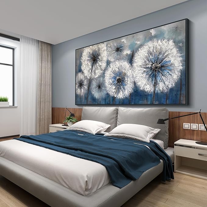 Pogusmavi Dandelion Wall Art Blue Wall Decor Painting Living Room Plant Pictures Framed Paintings for Wall Decorations Artwork for Walls Dining Room Decor 29x58 Black Framed