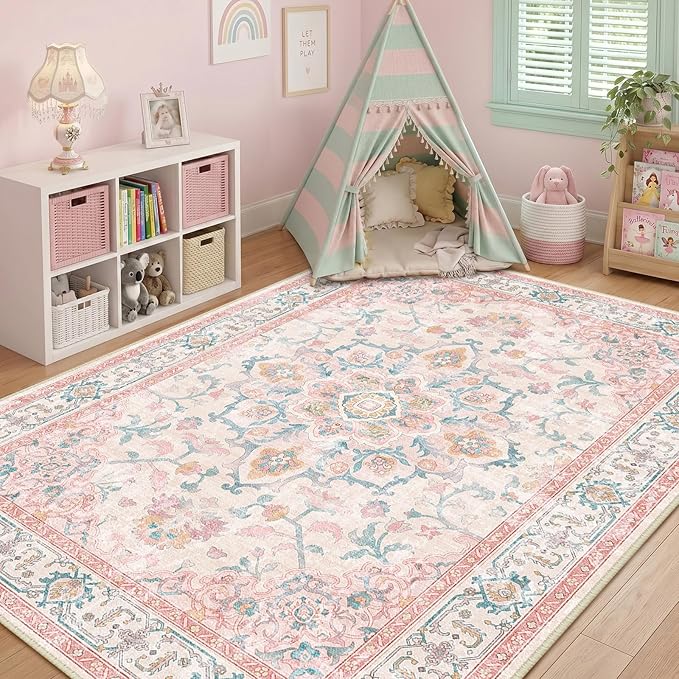 CAPALOCA Machine Washable Rugs Nursery Rug 7x9 Cute Girl Non Slip Low Pile Water Repellent Soft Print Pattern for Bedroom Indoor Decor Kids Playroom Pink Teal