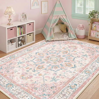 CAPALOCA Machine Washable Rugs Nursery Rug 7x9 Cute Girl Non Slip Low Pile Water Repellent Soft Print Pattern for Bedroom Indoor Decor Kids Playroom Pink Teal
