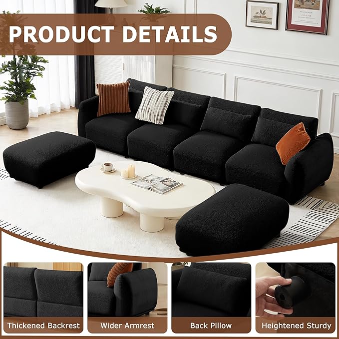 U Shaped Cloud Sectional, Convertible L Shaped Couch with Removable Ottomans,Modular Cloud Couch Sectional for Living Room (4 Set + 2 Ottomans - Black)