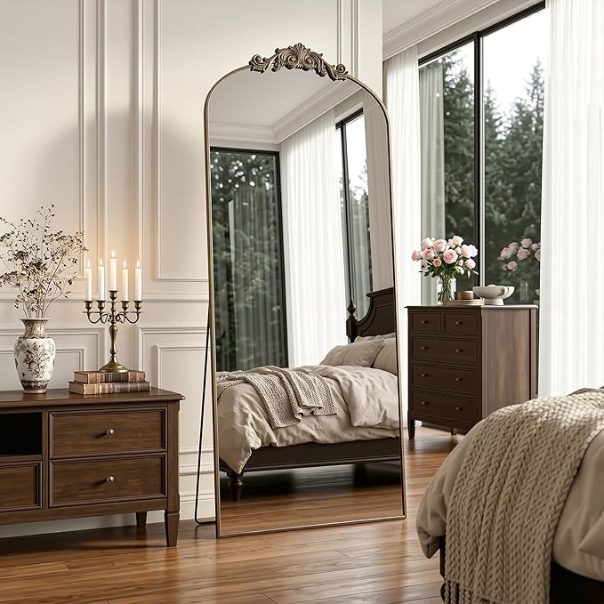 Antok Arched Full Length Mirror, 65"x24" Floor Mirror with Carved, Full Body Mirrors for HomeDecor, Standing/Halling Large Wall Mirror for Bedroom, Living Room, Cloakroom, Bronze, Vintage Style