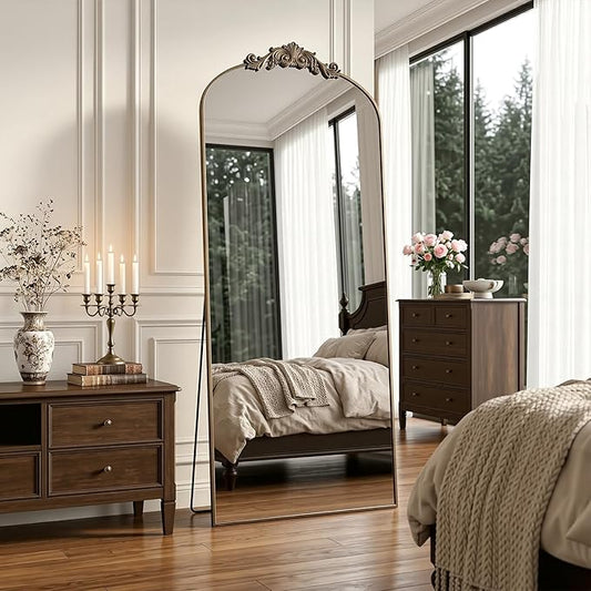Antok Arched Full Length Mirror, 65"x24" Floor Mirror with Carved, Full Body Mirrors for HomeDecor, Standing/Halling Large Wall Mirror for Bedroom, Living Room, Cloakroom, Bronze, Vintage Style