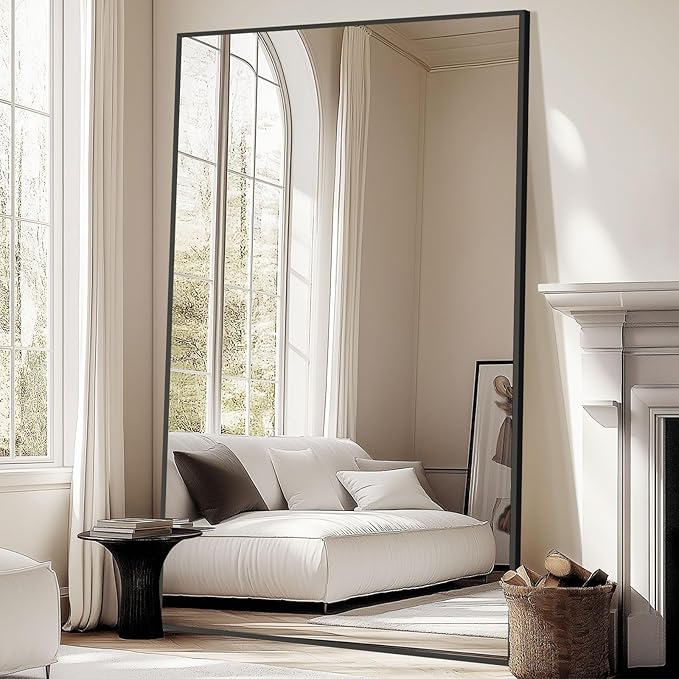 Oversized Standing Mirror Full Length, 76"X44" Extra Large Floor Mirror with Stand, Hanging or Wall Mounted, Black Full Body Mirror for Gym Bedroom Living Room Clothing Store, Tempered Glass