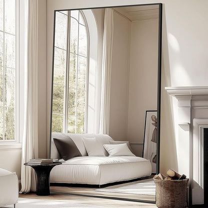 Oversized Standing Mirror Full Length, 76"X44" Extra Large Floor Mirror with Stand, Hanging or Wall Mounted, Black Full Body Mirror for Gym Bedroom Living Room Clothing Store, Tempered Glass