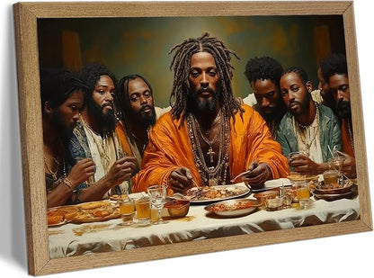 Framed Modern Black Jesus Canvas Wall Art African American The Last Supper Painting Picture Wall Decor Black Man Christian Poster Print Artwork for Kitchen Dining Living Room Bedroom Home Decor12x16in