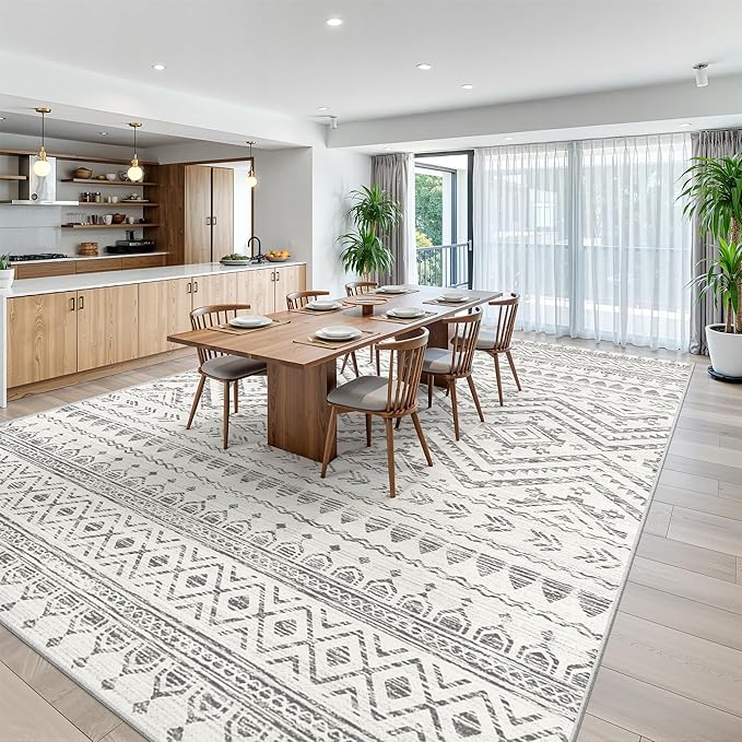 Miukiki 10x14 Area Rugs for Living Room Moroccan Washable Rugs Non Slip Indoor Floor Carpet Foldable Large Soft Area Rug with Low Pile for Dining Room Bedroom Office(Grey,10'x14')