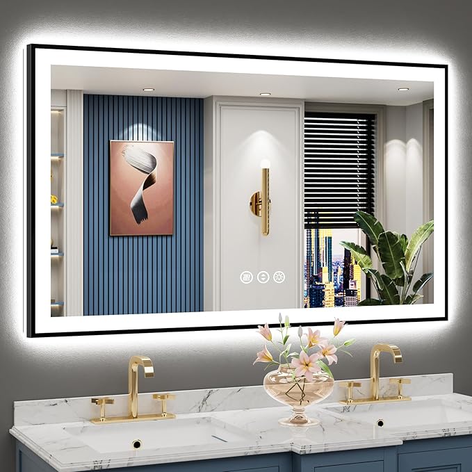 50x30 Black Framed LED Bathroom Mirror with Lights, Backlit and Front Lit Anti-Fog Lighted Vanity Mirrors for Bathroom Wall, Dimmable, 3 Colors, Memory, HD Tempered Glass, Horizontal/Vertical