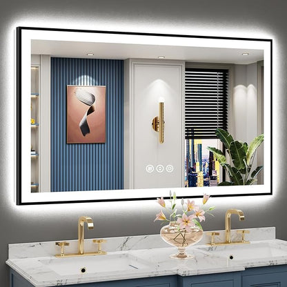 50x30 Black Framed LED Bathroom Mirror with Lights, Backlit and Front Lit Anti-Fog Lighted Vanity Mirrors for Bathroom Wall, Dimmable, 3 Colors, Memory, HD Tempered Glass, Horizontal/Vertical