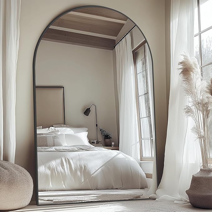 Oversized Floor Mirror Full Length with Stand, 72"X44" Extra Large Arch Standing Mirror Full Length, Tempered Glass Black Full Body Mirror for Bedroom Living Room, Aluminum Alloy Frame