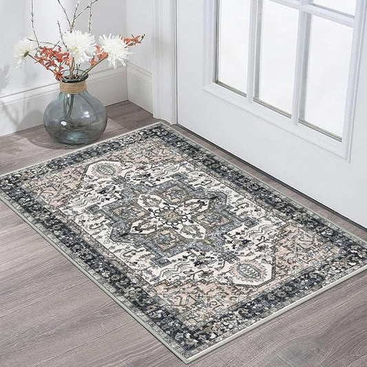 KOZYFLY Small Area Rug 2x3 Ft Rugs for Entryway Washable Boho Entry Rug Non Slip Door Mat Indoor Entrance Faux Wool Vintage Printed Kitchen Rug Throw Rugs for Entrance Kitchen, Black/Taupe/Beige