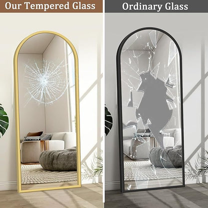 GlasFlength Full Length Mirror with Stand, 64"x21" Arched Full Body Mirror with Aluminum Alloy Frame, Wall-Mounted/Leaning Against Wall/Standing Floor Mirror for Bedroom, Living Room, and Entryway