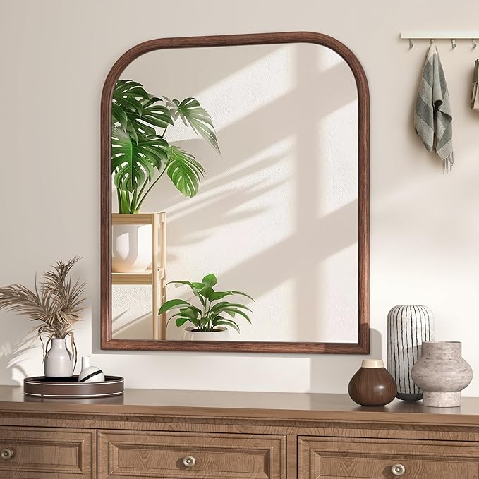 28"x32" Arch Wall Mirror for Wall, Wall Mounted Vanity Mirror for Bedroom, Wood Grain Finish Frame Mirror with Tempered Glass, Vintage Decorative for Bathroom, Entryway, Living Room, Walnut