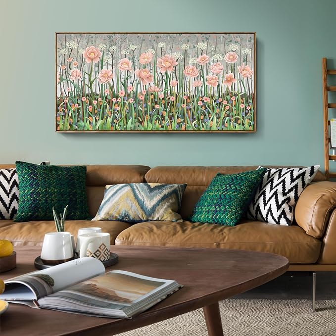Large Framed Country Living Room Wall Art, Modern Pink And Green Wildflower Canvas Artwork, Natural And Idyllic Landscape Print Picture For Bedrooms, Dining Rooms, Offices, And Studies. 48X24 Inches.