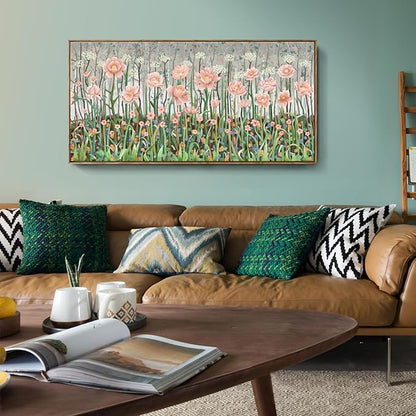 Large Framed Country Living Room Wall Art, Modern Pink And Green Wildflower Canvas Artwork, Natural And Idyllic Landscape Print Picture For Bedrooms, Dining Rooms, Offices, And Studies. 48X24 Inches.